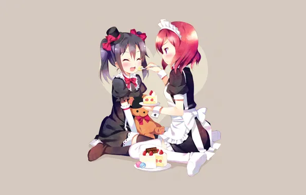 Joy, girls, minimalism, anime, cake, hat, uniform, sweet