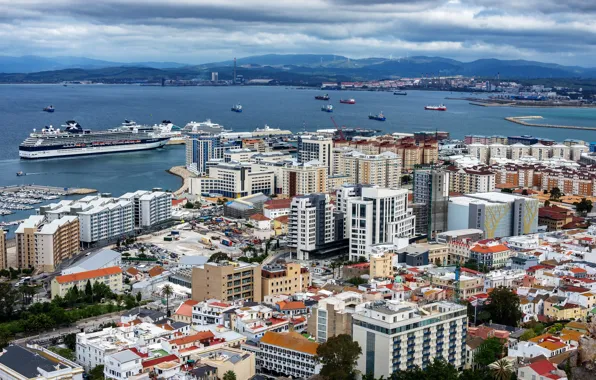 Picture building, ships, harbour, Gibraltar