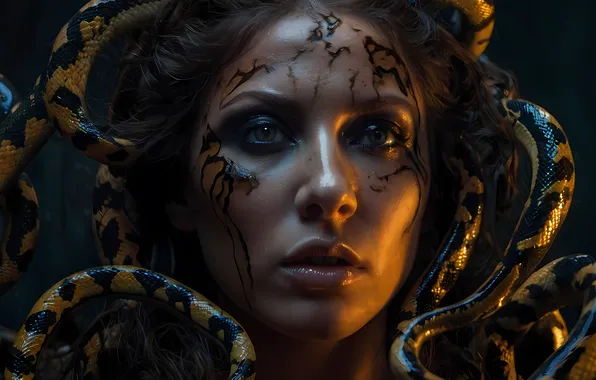 Snakes, look, girl, light, face, the dark background, woman, divorce