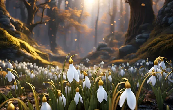 Forest, light, trees, flowers, nature, fog, glade, spring