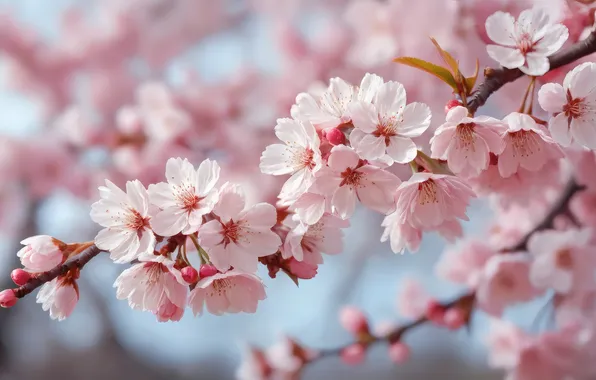 Flowers, cherry, branch, spring, pink, flowering, bokeh, AI art