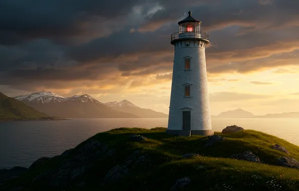 The sky, water, mountains, lighthouse, wallpaper, sky, water, mountains