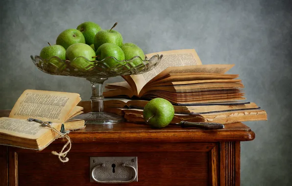 Apples, books, key, green, knife, still life, chest, The Bible