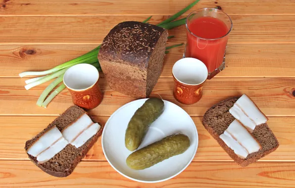 Picture glass, bow, bread, still life, tomato, cucumbers, fat