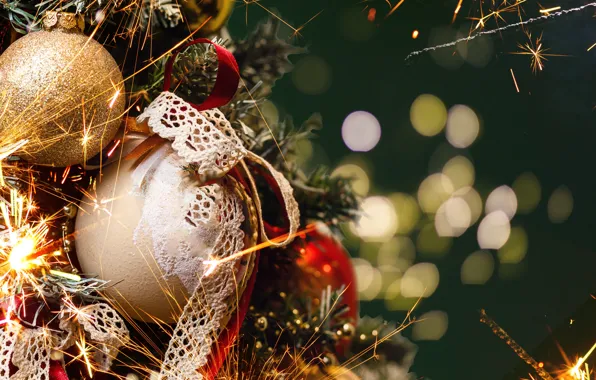 Balls, branches, lights, glare, lights, Christmas, New year, gold plated