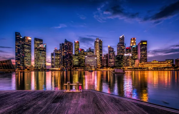 Picture night, lights, river, home, skyscrapers, Singapore, promenade