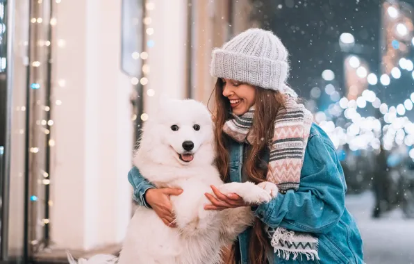 Winter, girl, light, snow, the city, lights, pose, smile