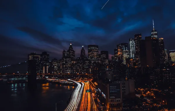 Picture skyscrapers, Brooklyn bridge, promenade, New York, usa, night city lights