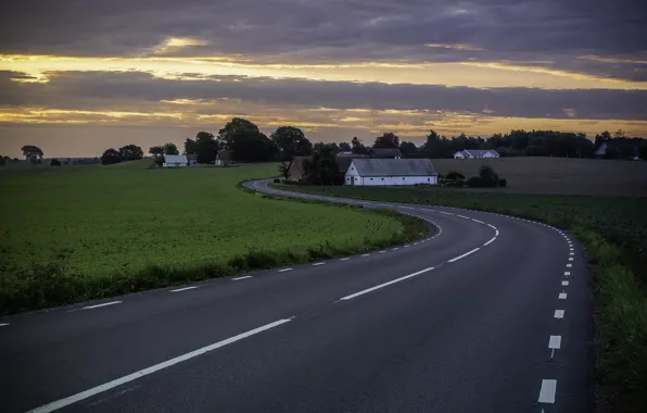 Road, field, sunset