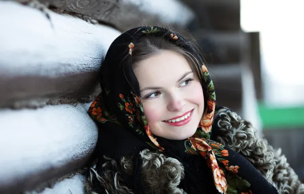 Girl, smile, shawl, hut, Russian