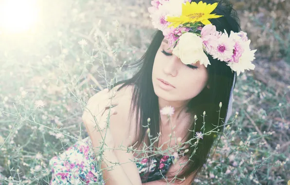 Grass, girl, flowers, wreath