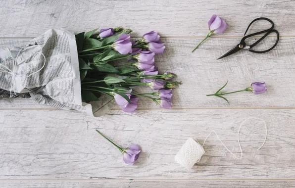 Bouquet, Beautiful, wood, flowers, purple, bouquet, eustoma, eustoma