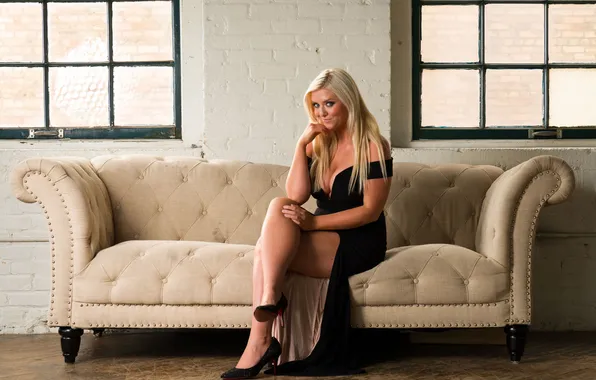 Sexy, smile, dress, blonde, neckline, legs, on the couch, Christal