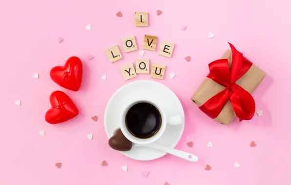 Gift, coffee, candy, Cup, hearts, Valentine's day, chocolate