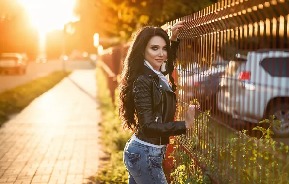 Picture machine, pose, smile, street, hair, the fence, Girl, brunette