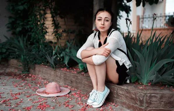 Look, girl, flowers, pose, sweetheart, model, tile, sneakers