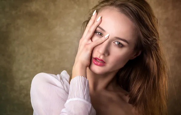 Look, girl, face, hand, portrait, fingers, gesture, Rus