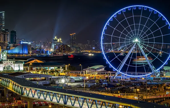 Night, bridge, lights, wheel, attraction, Ferris, Hong Kong