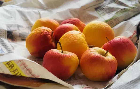 Autumn, paper, apples, yellow, newspaper, autumn, wrinkles, faded