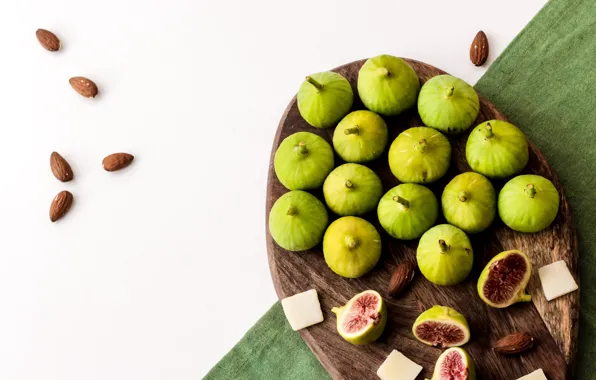 Food, fabric, figs, cutting Board