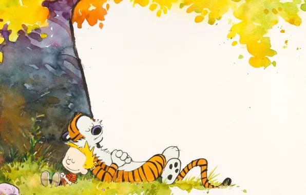 Picture tiger, tree, boy, Comic, sleep, lie, Calvin and Hobbes, Calvin and Hobbes