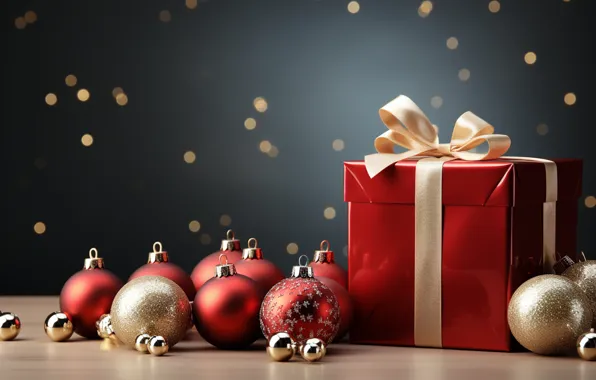 Balls, gift, Christmas, New year, bow, bow, Christmas decorations, gift box