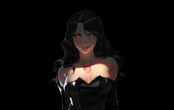 Picture red eyes, tattoo, black background, black hair, Lust, Full Metal Alchemist, Malveda