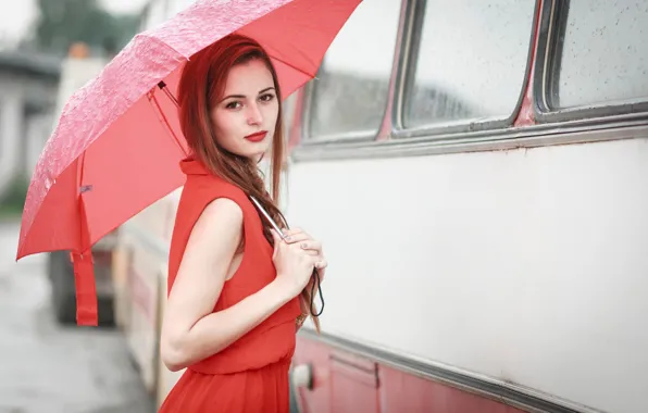Picture girl, rain, umbrella, bus