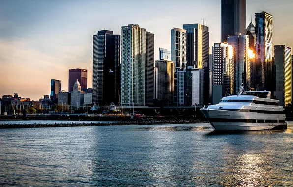 Water, sunset, the city, skyscrapers, yacht, Chicago, Chicago, Illinois