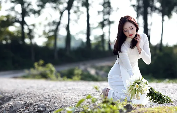 Girl, flowers, Asian