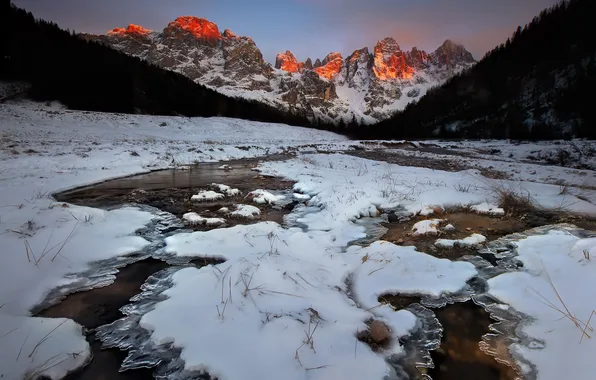 Snow, mountains, nature, morning