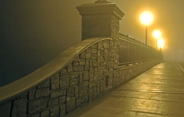 Picture night, bridge, the city, fog, bridge in mist and lights