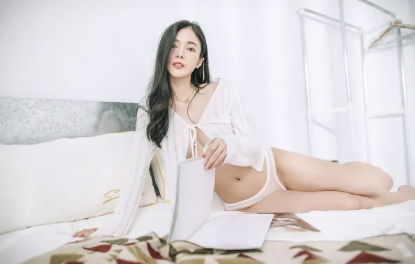 Beautiful, Asian, Model, Bed, Woman, Pretty, Reading, Book