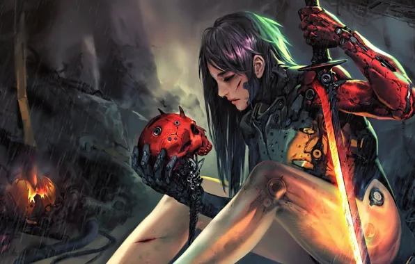 Rain, skull, sword, sake, sword, Android, android, rain