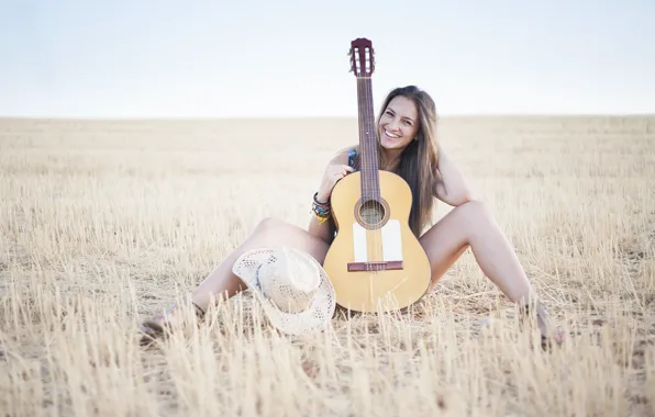 Picture field, girl, smile, music, mood, guitar