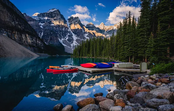 Forest, clouds, light, snow, mountains, lake, blue, stones