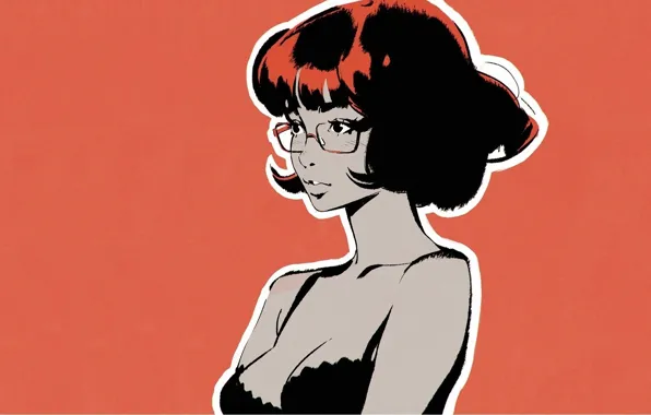 Haircut, glasses, neckline, sponge, shoulders, red background, bangs, portrait of a girl