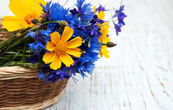 Flowers, bouquet, yellow, basket, blue, Vasiliki, Olena Rudo