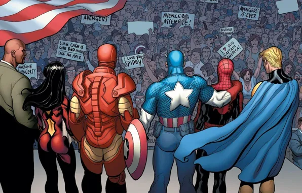 The crowd, Iron Man, Captain America, Marvel Comics, Spider-Man, Spider-Woman, Sentry, Luke Cage