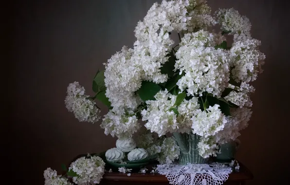 Picture branches, dessert, napkin, hydrangea, marshmallows, Mila Mironova