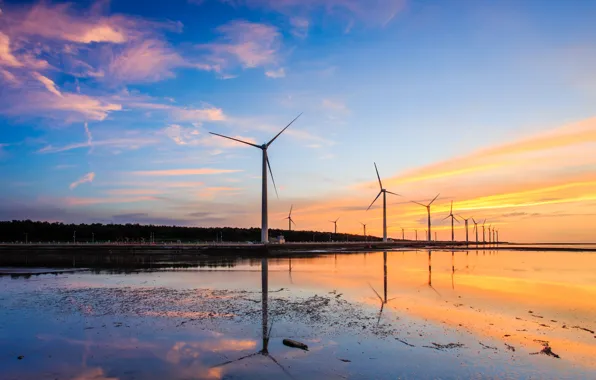 Picture The sky, Water, Clouds, The ocean, Road, Windmills