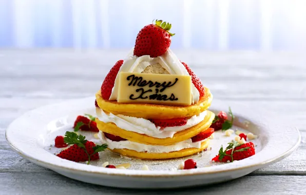 Strawberry, pancakes, cream, sweet, powdered sugar