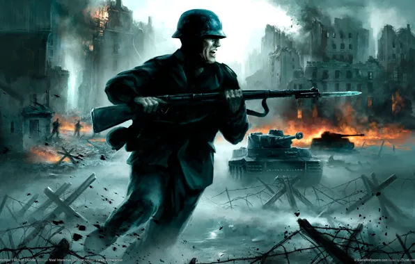 War, The explosion, Soldiers, Tanks