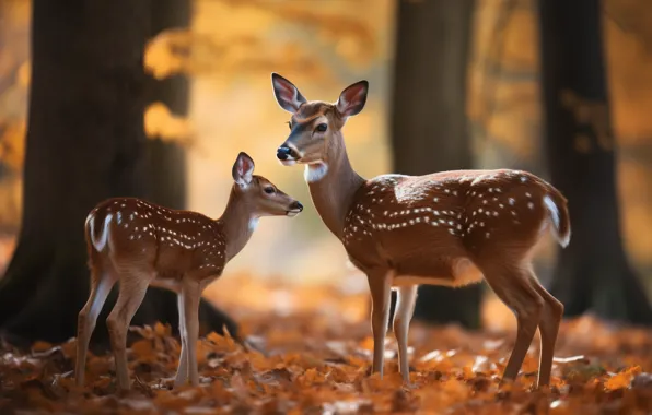 Autumn, forest, light, trees, nature, foliage, pair, deer