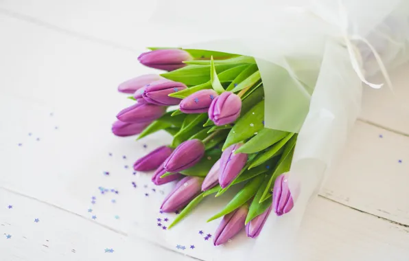 Picture flowers, bouquet, spring, tulips, pink, light background, stars, lilac