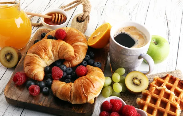 Berries, coffee, Breakfast, juice, wood, croissants, decanter, orange