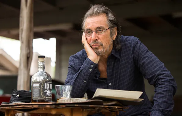 Picture glass, table, bottle, frame, glasses, actor, shirt, Al Pacino