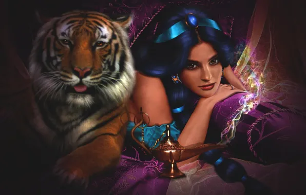 Picture girl, tiger, tale, anime, disney, Jasmine, Aladdin (Disney), Aladin
