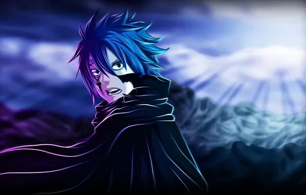 Picture the sun, mountains, anime, art, guy, cloak, fairy tail, tale of fairy tail