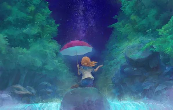 The sky, girl, stars, nature, waterfall, umbrella, anime, art